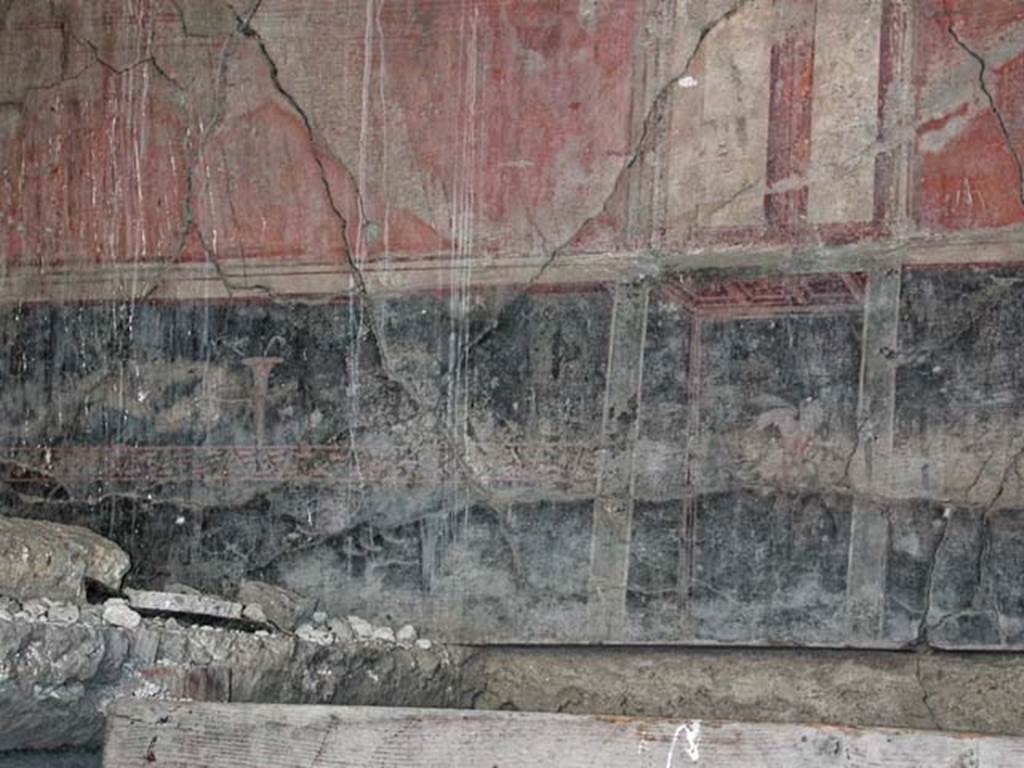 V.13, Herculaneum, September 2003. Detail of black painted zoccolo/dado on south wall of room on upper floor. 
Photo courtesy of Nicolas Monteix.
